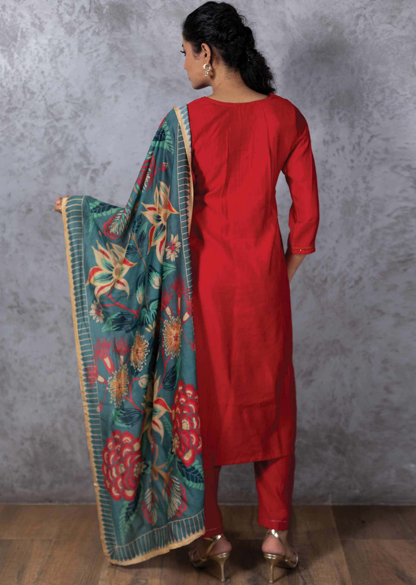 Red Silk Printed Straight cut suits