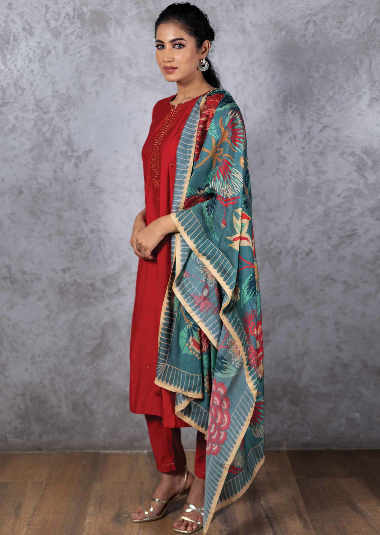 Red Silk Printed Straight cut suits