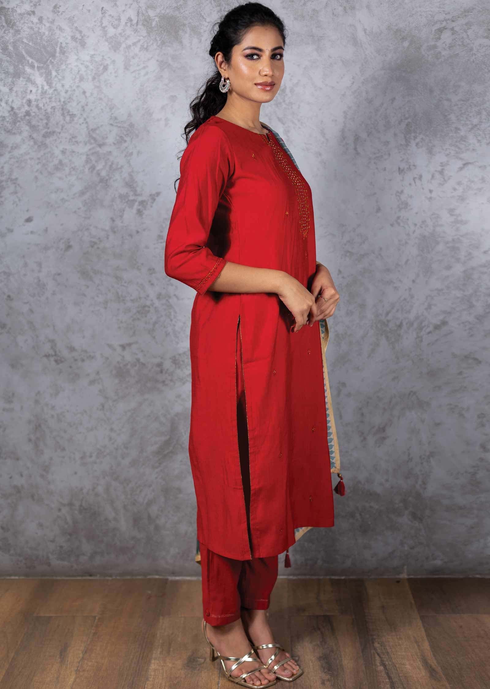 Red Silk Printed Straight cut suits