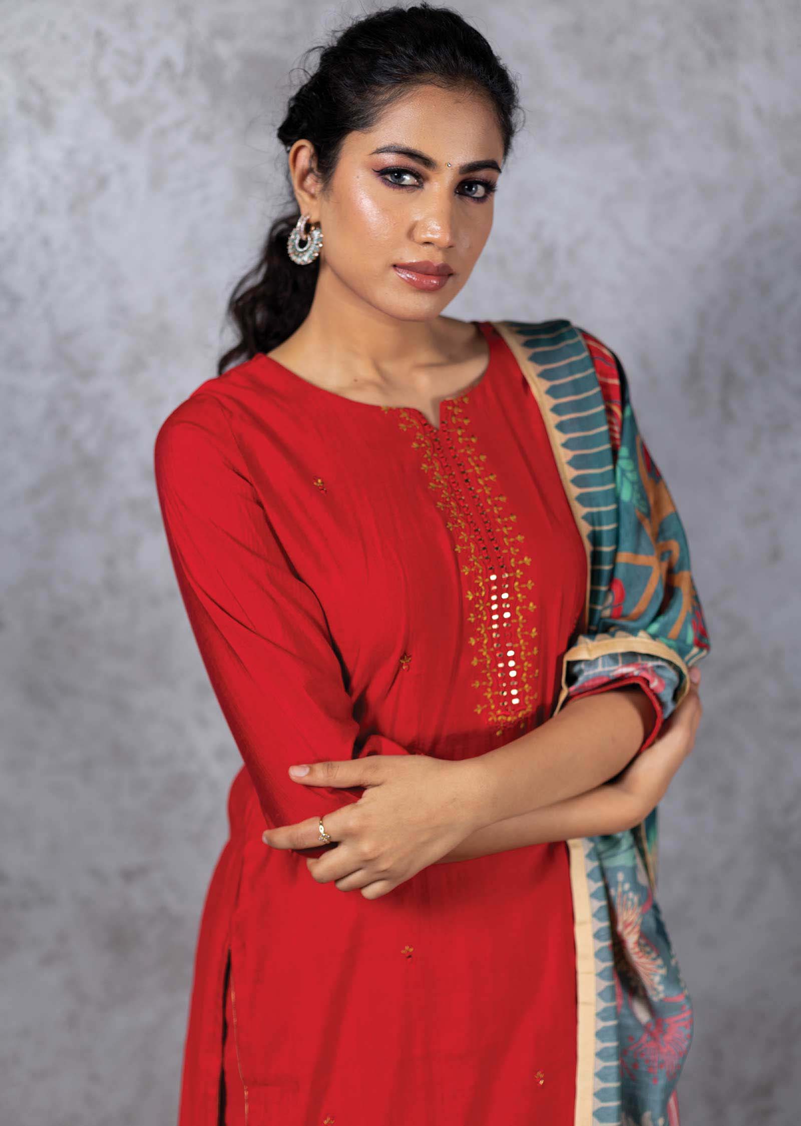 Red Silk Printed Straight cut suits