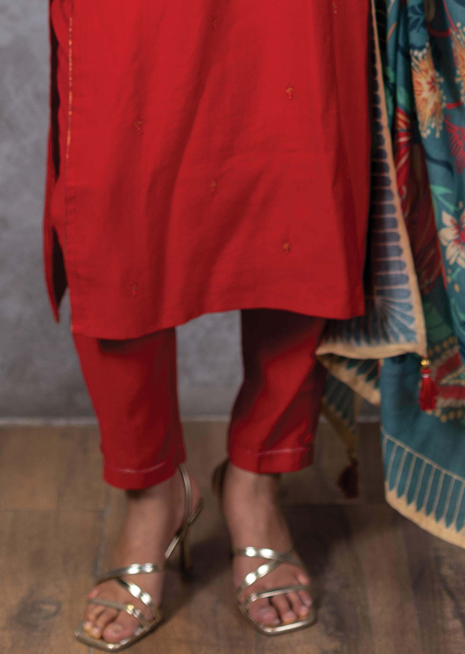 Red Silk Printed Straight cut suits