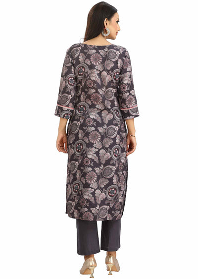 Grey Linen Cotton Embroidered Straight cut suits