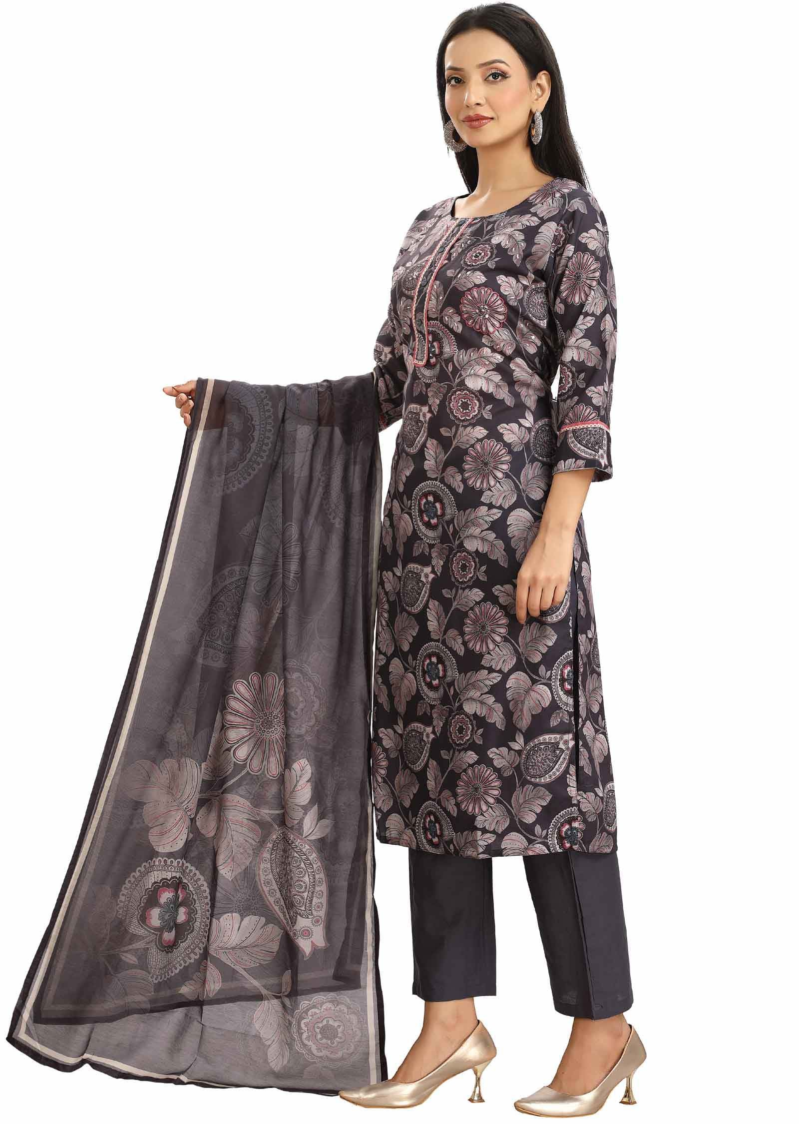 Grey Linen Cotton Embroidered Straight cut suits