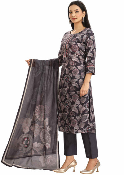 Grey Linen Cotton Embroidered Straight cut suits