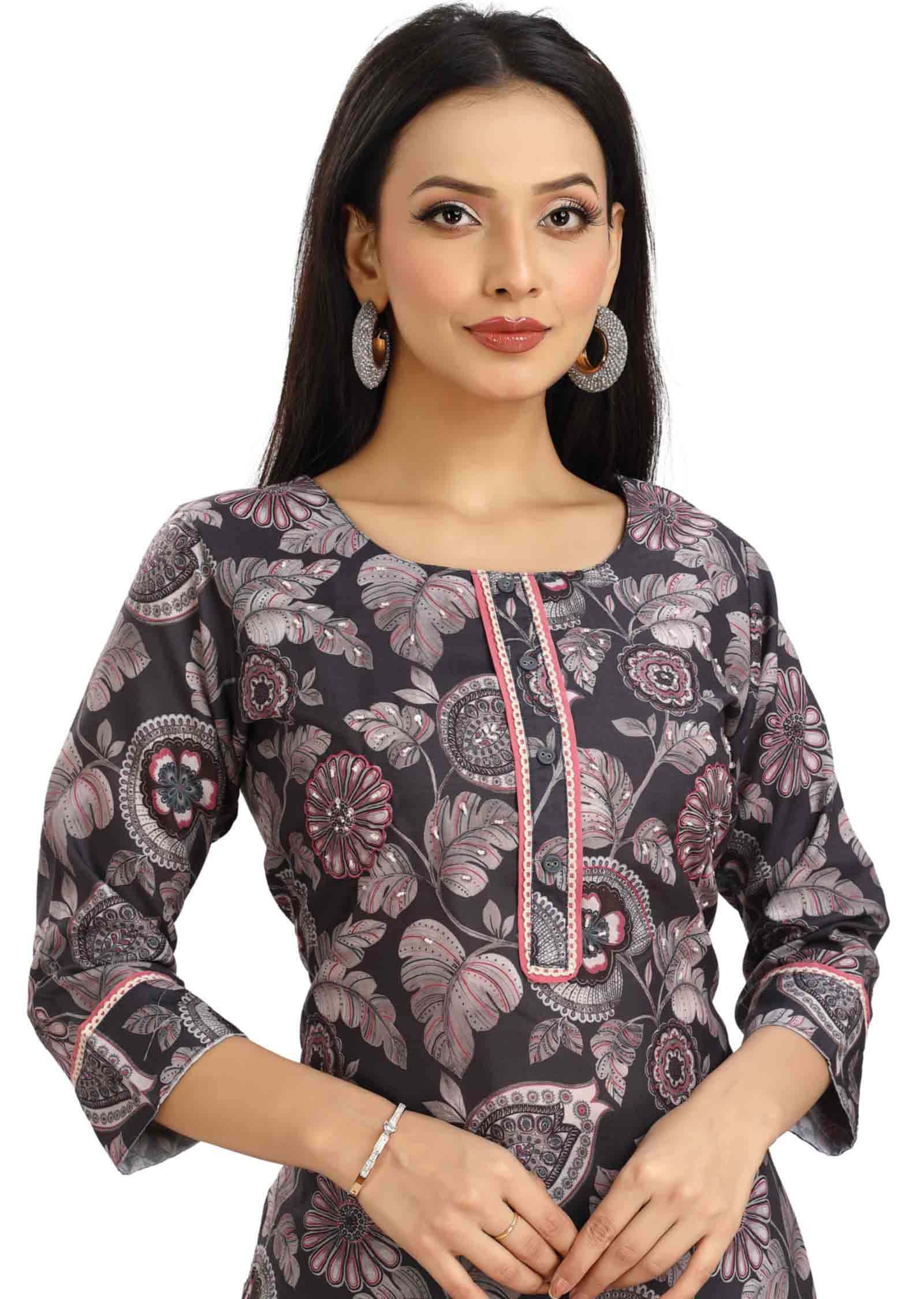 Grey Linen Cotton Embroidered Straight cut suits