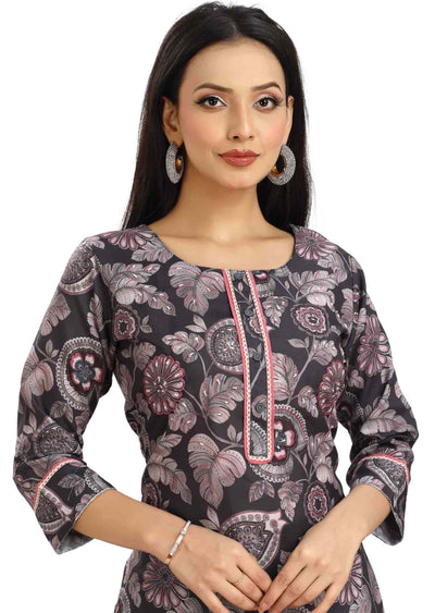 Grey Linen Cotton Embroidered Straight cut suits