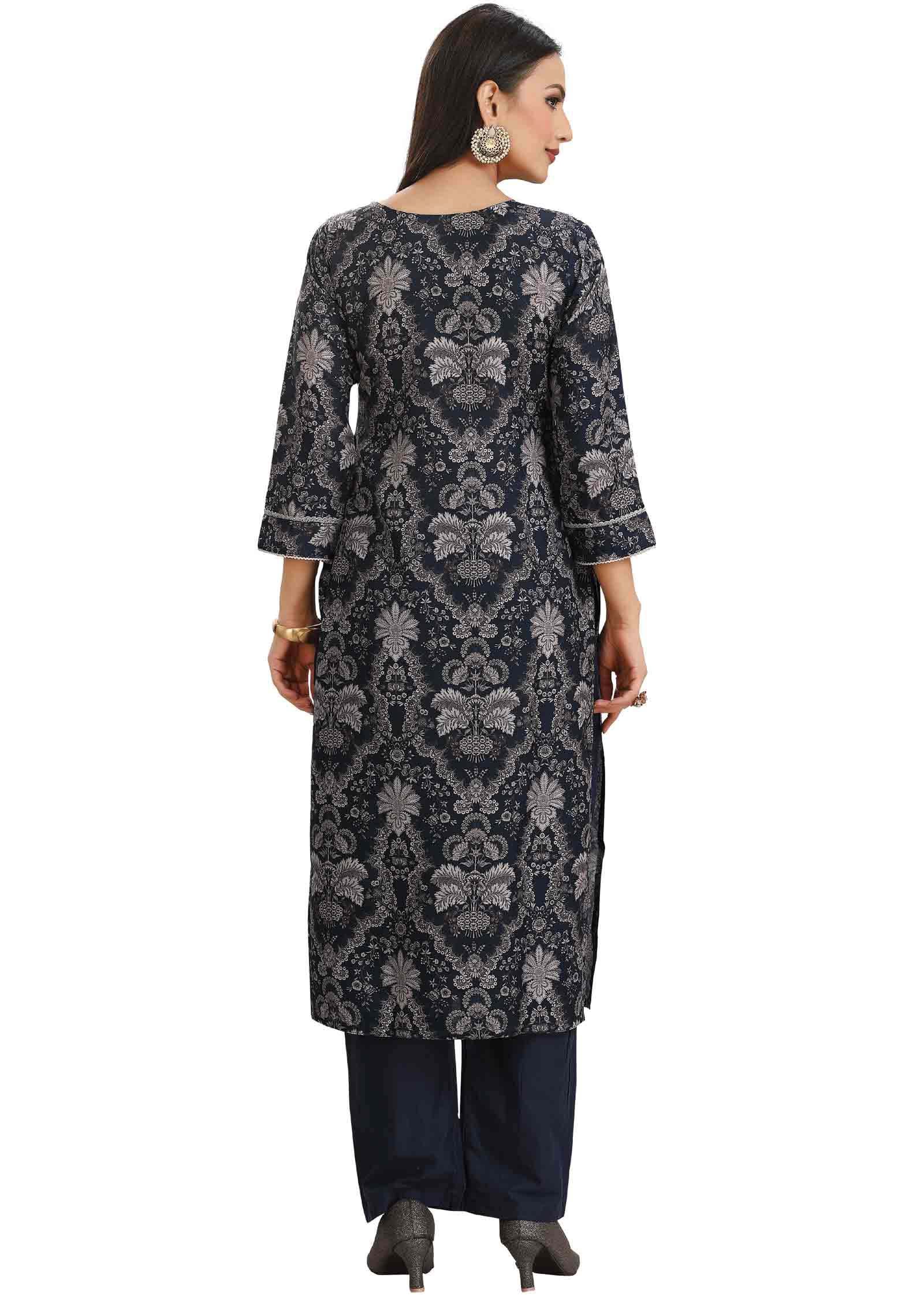 Teal Blue Linen Cotton Embroidered Straight cut suits