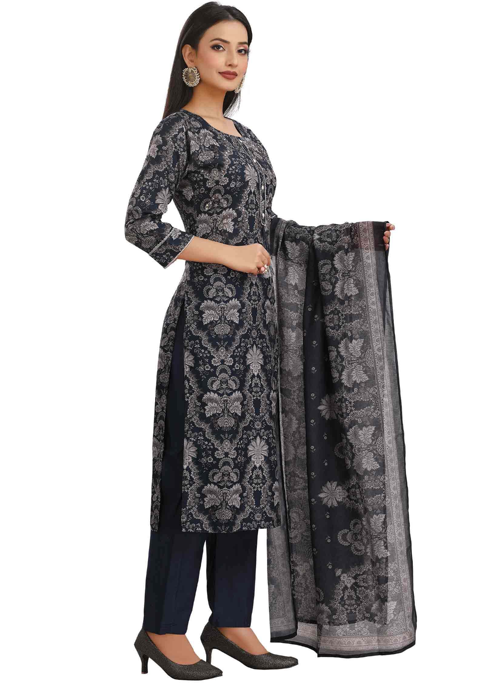 Teal Blue Linen Cotton Embroidered Straight cut suits