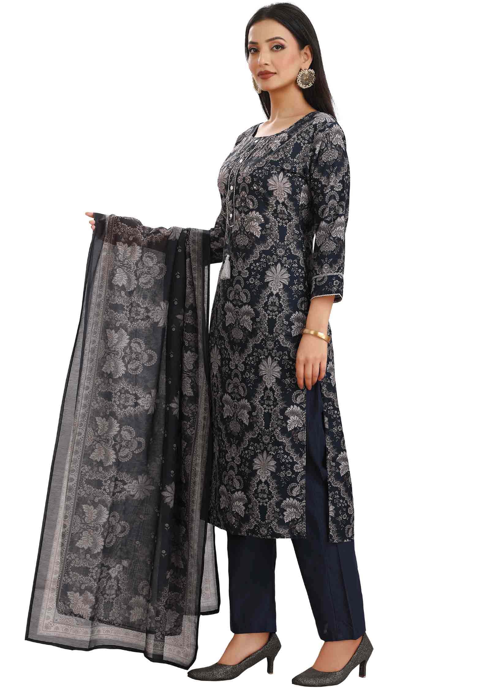 Teal Blue Linen Cotton Embroidered Straight cut suits