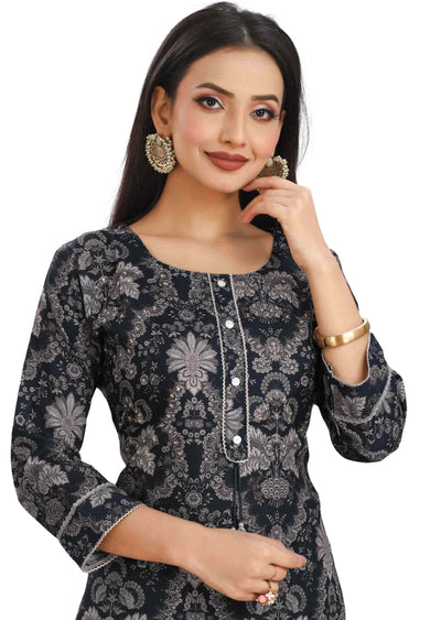 Teal Blue Linen Cotton Embroidered Straight cut suits